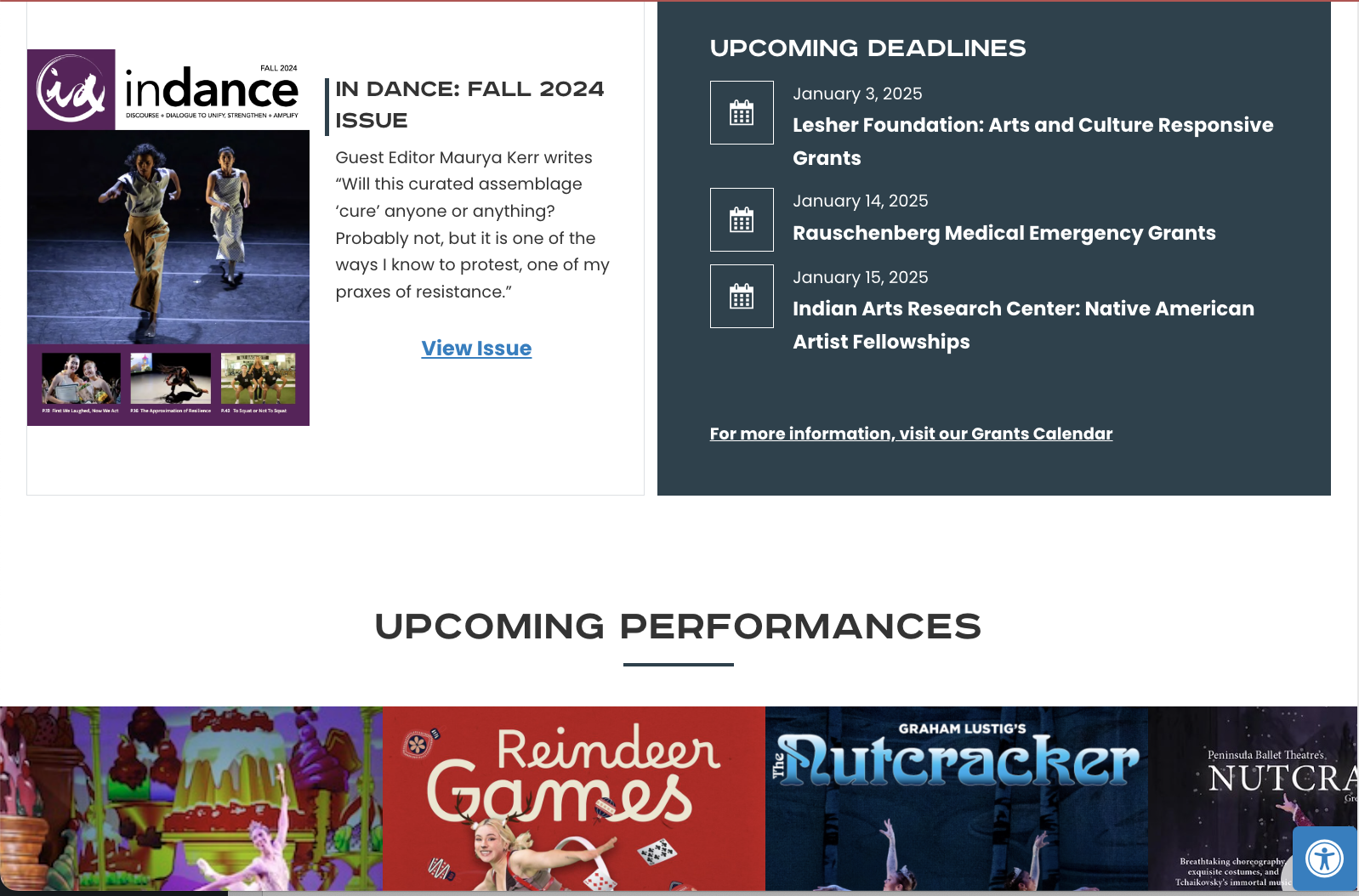 Screenshot of a performing arts website featuring the Fall 2024 issue of In Dance, upcoming grant deadlines, and upcoming performances including Reindeer Games and Nutcracker, with colorful performance banners shown.